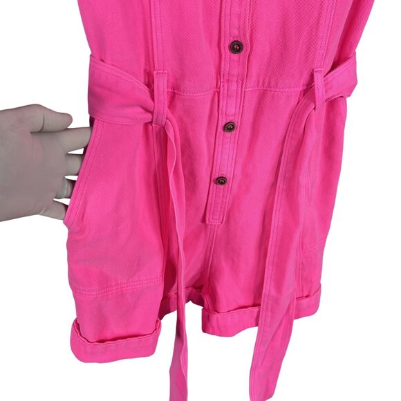 Day + Moon NWT Womens S Barbiecore Pink Denim Romper Ruffle Sleeve Beachy Girly - Picture 7 of 16